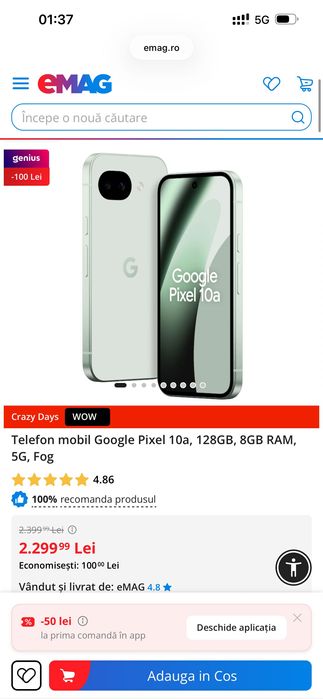 Telefon mobil Google Pixel 10a, 128GB, 8GB RAM, 5G, Fog