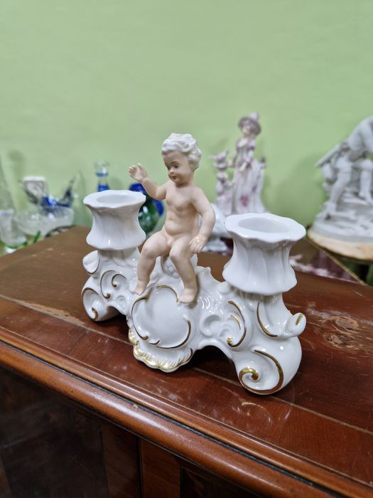 Рядък уникален антикварен порцеланов свещник Schau bach kunst