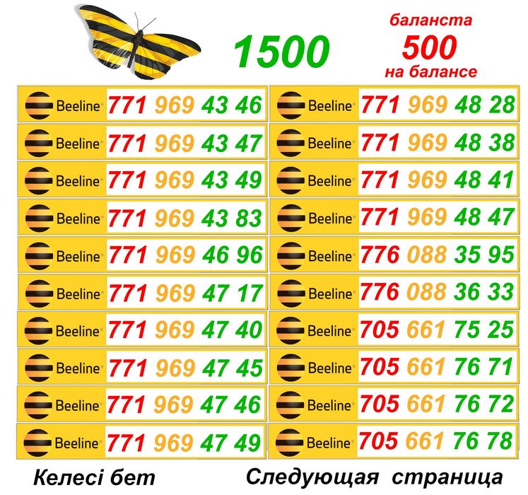 Билайн номера. Сим карты Билайн. 1 500 тг.