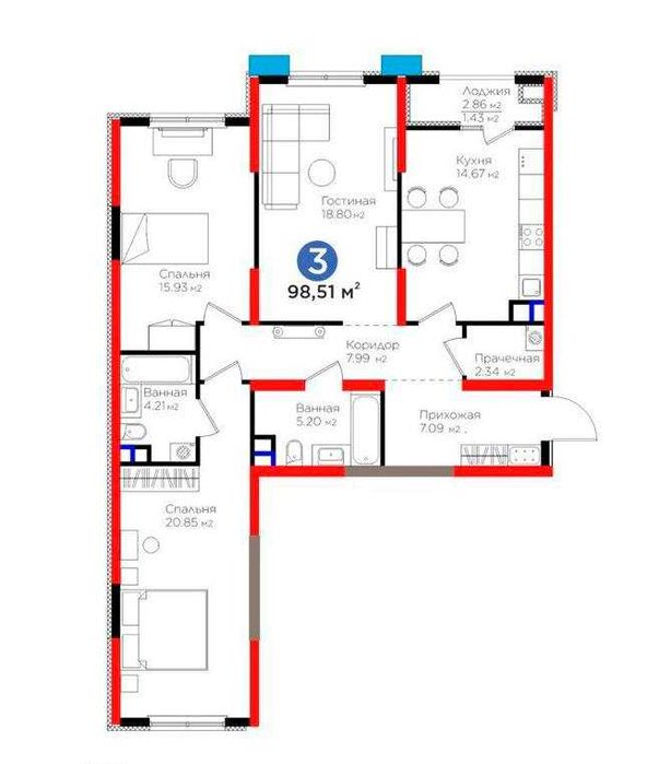3-х комнатная в ЖК «BI Sado» 3 окна во двор ID: 5502