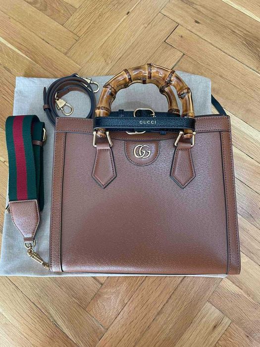 Дамска чанта Gucci Гучи Diana Кафява Кожа Бамбук Златно Gold GG Лого