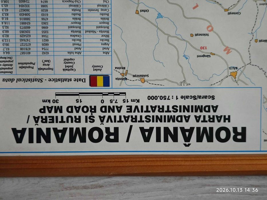 Harta de perete Romania Administrativa 100x70 cm sipci lemn