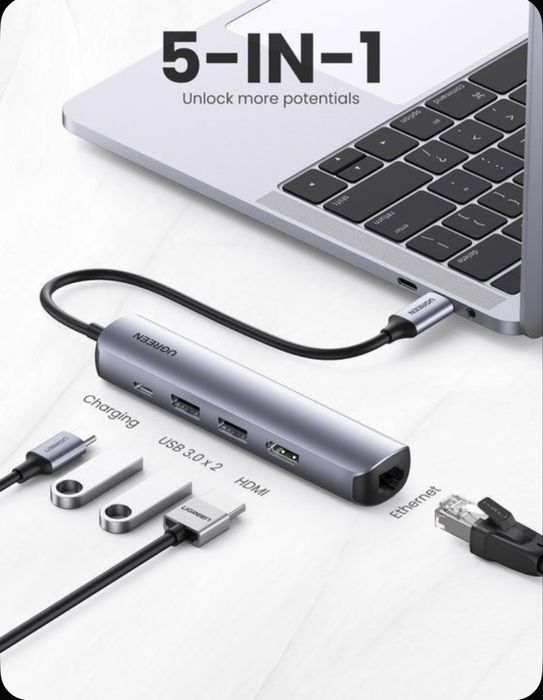 Ugreen CM-418 Typc hub 5/1 Type C to Hdmi,2*Usb 3.0,Type-C PD,Lan 1gb