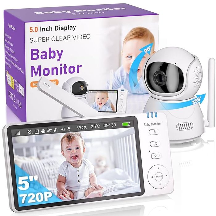 Голям 5инчов Бебефон с 360гр.въртяща аудио-видео камера