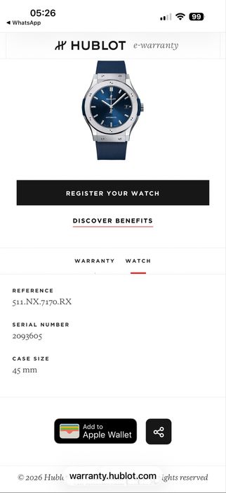 hublot classic fusion 45mm 2026/04 garantie pana in 2031/04