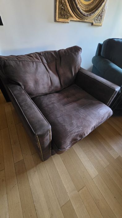 Fotoliu supradimensionat catifea mov-gri, ținte decorative alamă