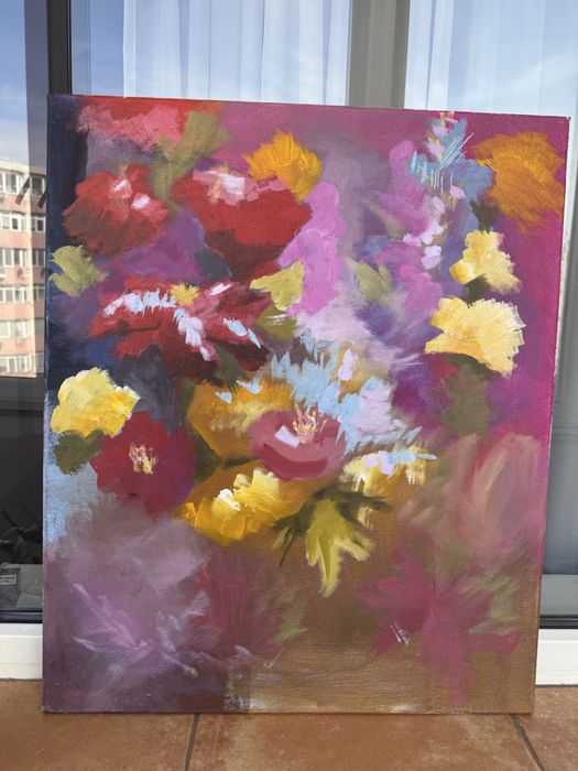 Tablou floral abstract pictat manual pe pânză – artă contemporană