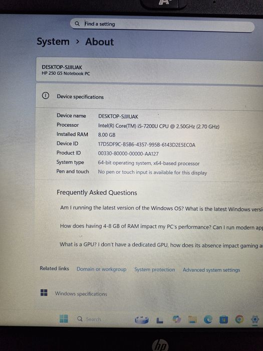 Laptop Hp 250 G5, 8gb ram, ssd256gb, display 15,6 inch