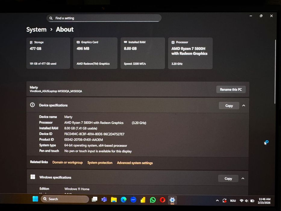 Laptop ASUS AMD Ryzen 7 5800H 4.4GHz 15.6” 8GBRAM SSD 512GB