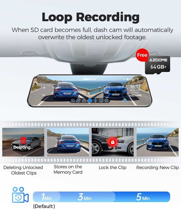 4K Видеорегистратор-Огледало AZDOME PG17 (12" Екран) GPS & 64GB Карта