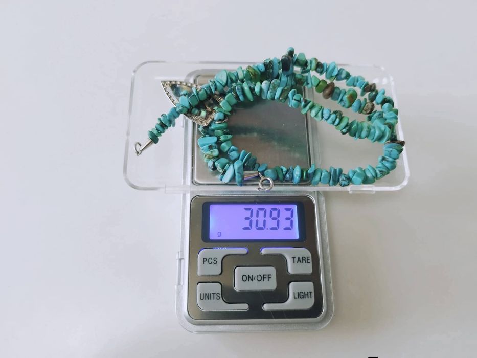 Vechi colier lant din pietre naturale de turcoaz, pandantiv in forma de triunghi argint 925, cu sidef abalone scoica Paua, inchizatoare argint