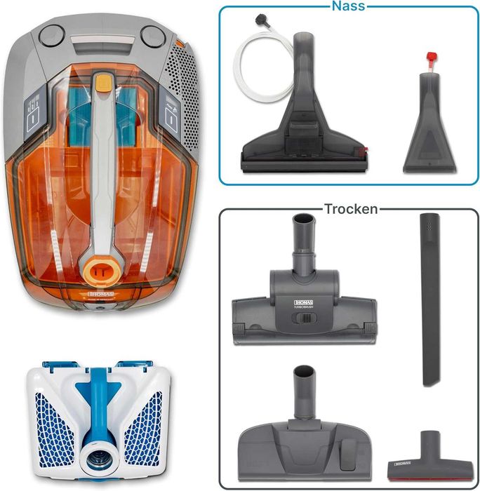 Thomas 788568 Aqua + PET & Family Прахосмукачка без торба Оранжева/Сива 48.6 x 31.8 x 34.7 см [Енергиен клас A]