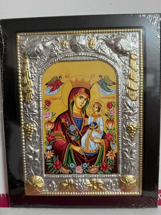 icoana veche icoana argintata dim 20x24 cm maica domnului cu pruncul