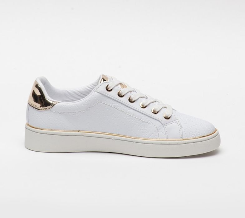 Pantofi sport de piele ecologica, cu monograma, Alb/Auriu 41