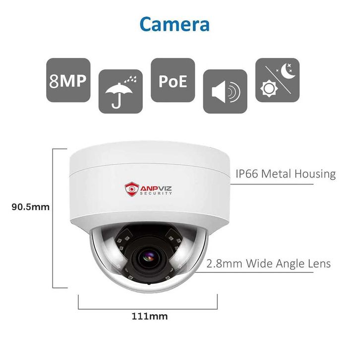 Cameră Supraveghere Anpviz 4K HD POE IP Dome, 8MP, IR, Microfon