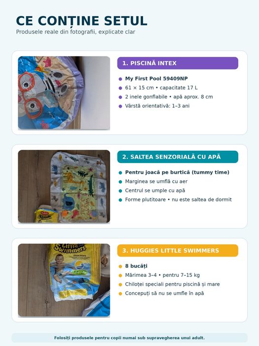 Set piscină Intex + saltea cu apă + 8 Huggies – 50 lei