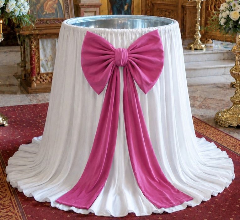 Pachet decor cristelniță botez – fustă voal alb + fundă catifea premium