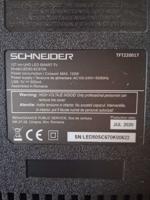 Tv schneider diagonala 50 inch pentru piese de schimb