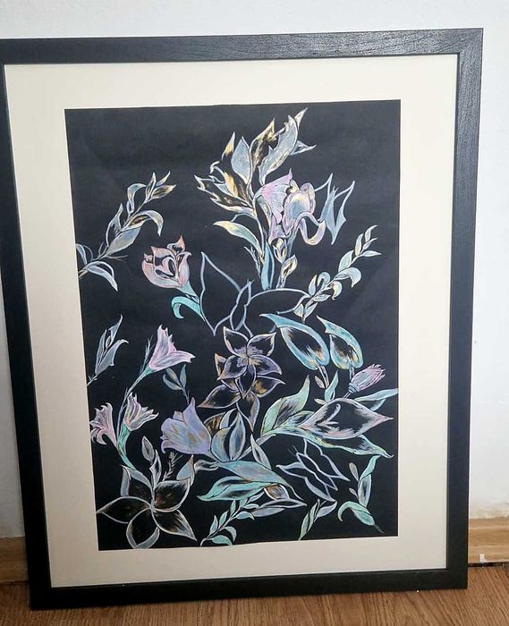 Tablou original floral, accente aurii, înrămat 50x60 cm