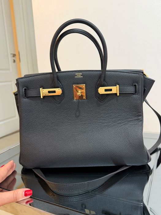 Geantă Hermès Birkin neagră – piele naturală, curea umăr, hardware auriu