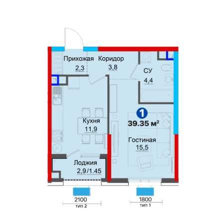 1 Комнатная Квартира в Ипотеку 39,35м2 Новостройка
