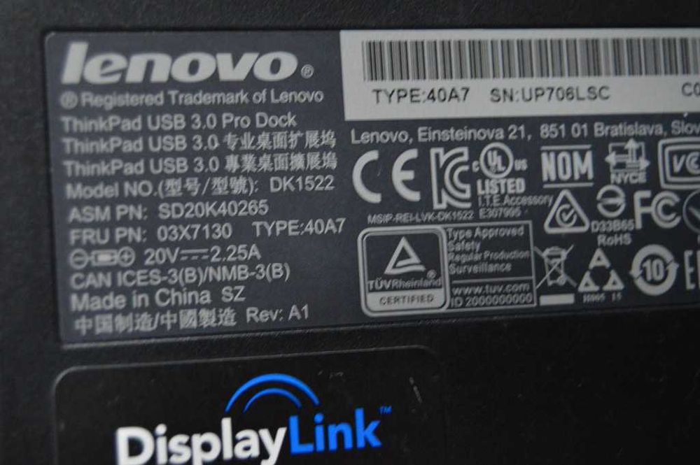 Lenovo ThinkPad USB 3.0 Pro Dock (Model 40A7) DisplayPort 1.2