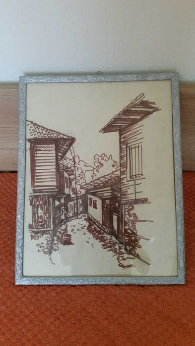 Възрожденска къща, рисувана с кафяв туш на ръка.