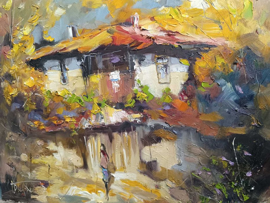 Рисувана, маслена картина на художник Йорданов "Заминаване"