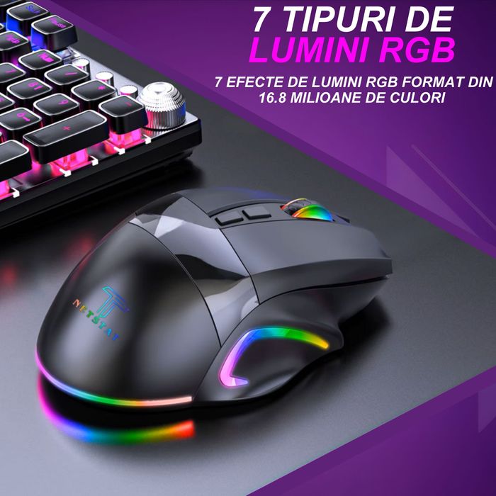 Mouse Gaming NETSTAT,2 Conexiuni BT + 2,4Ghz, RGB, Negru, Nou Sigilat.
