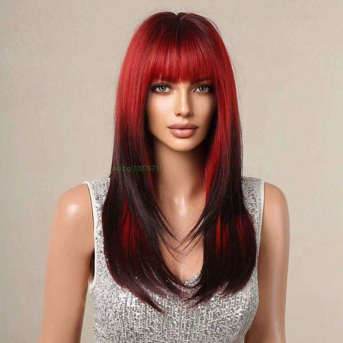 Ефектна омбре перука черно червена с бретон 60 см