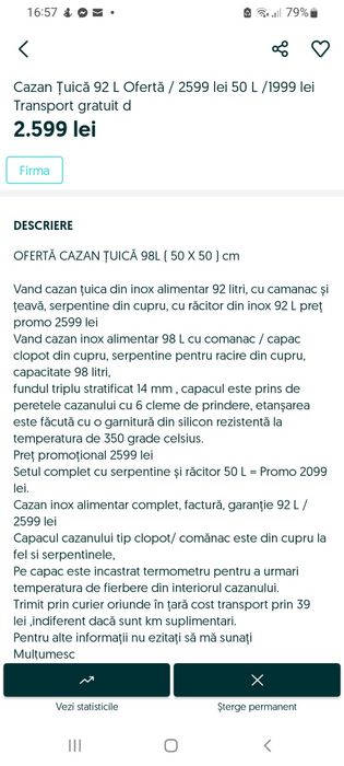 Cazan Țuică 50 L gama Premium, complet 50L( 41 x 43 )cm + răcitor,țeavă cupru serpentin