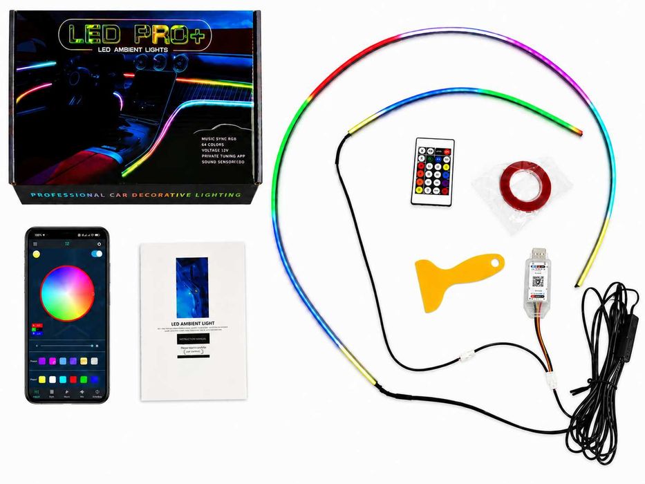 Kit 2 benzi LED auto Symphony RGB LED, lumini ambientale acrilice , efect curcubeu, Bluetooth, USB, 110 cm + 35 cm