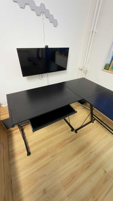 Birou în formă de L, negru, tip gaming/office
