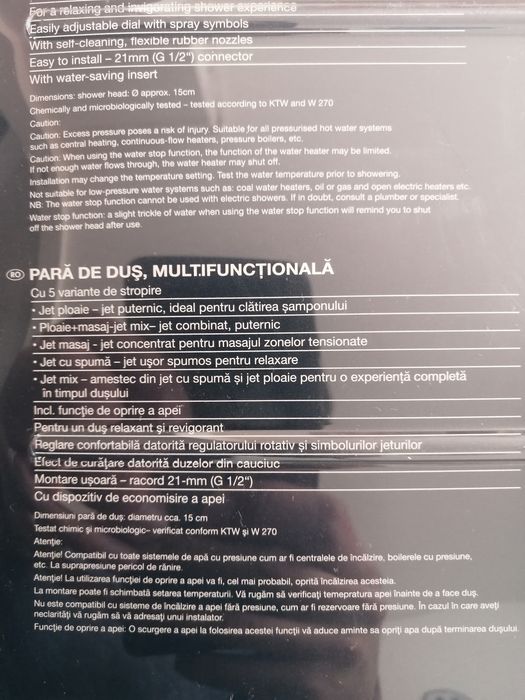 Pară duș 150mm Miomare, multifuncțională cu 5 poziții, NOUĂ, sigilată