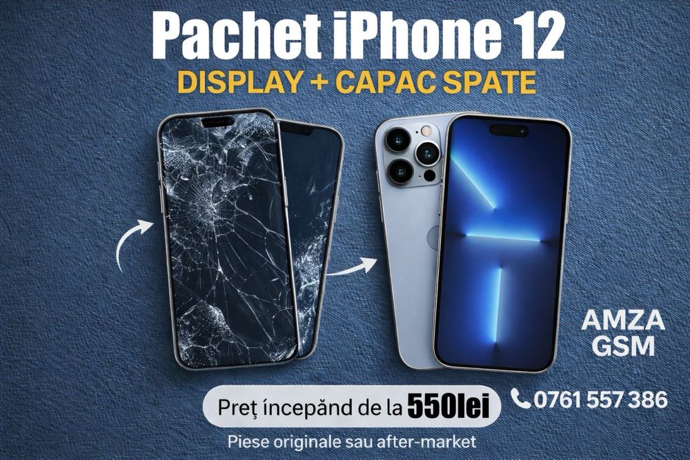 Pachet Display + Sticla Spate iPhone 12 16 15 14 13 Pro Max Plus Ecran