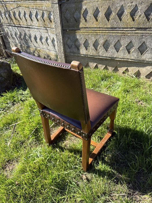 Scaun vintage birou din lemn masiv si piele naturala