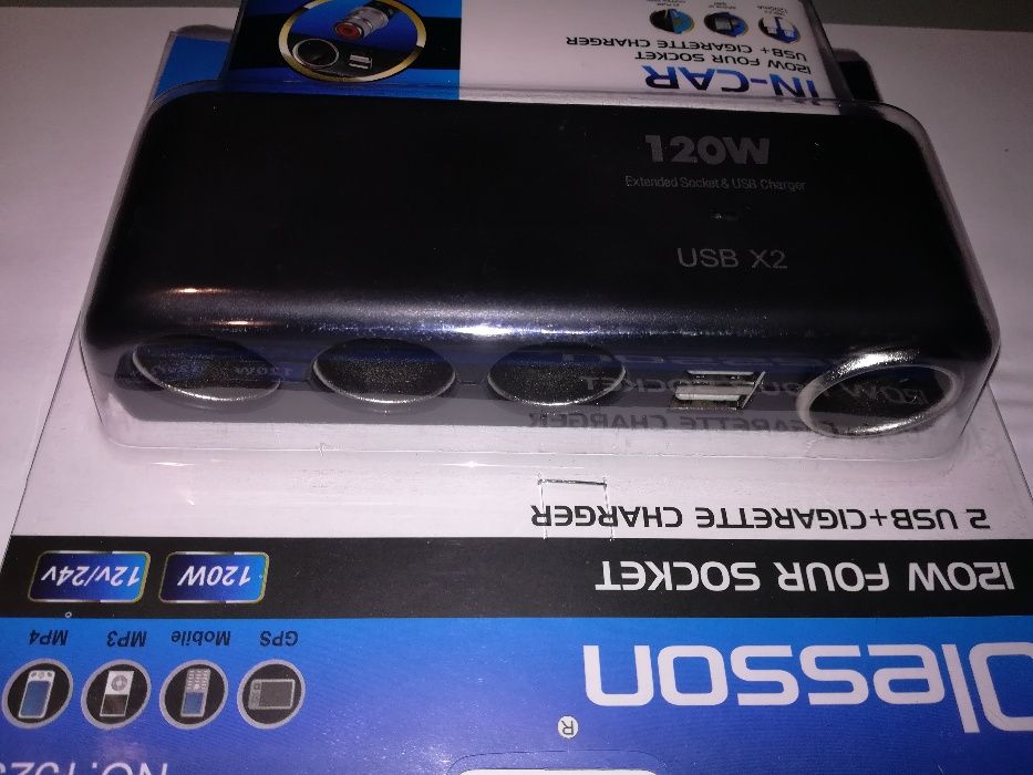 Priza auto Olesson, 120 W, 2 x USB, 3 prize + port iesire bricheta
