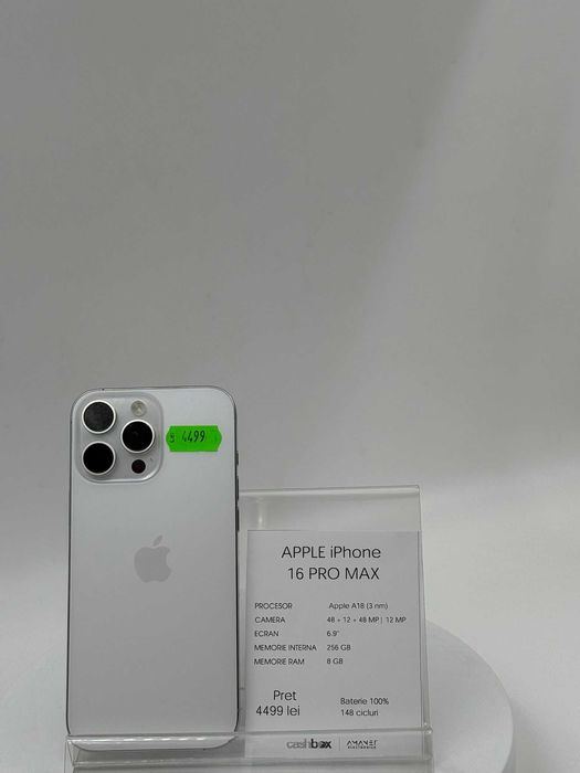 iPhone 16 Pro Max 256 GB 100% bat 148 cicluri Garantie 24 luni CashBox