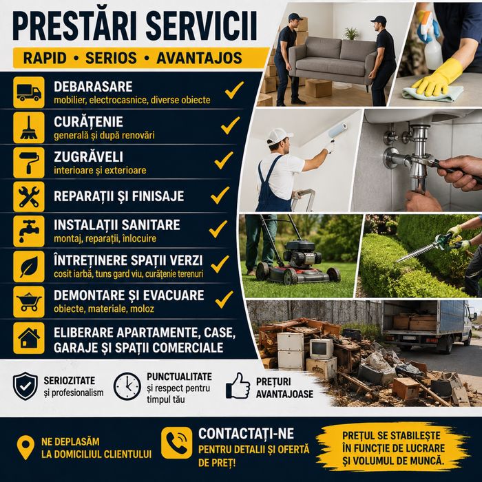Prestări servicii: Debarasare, Curățenie, Zugrăveli și Întreținere spații verzi