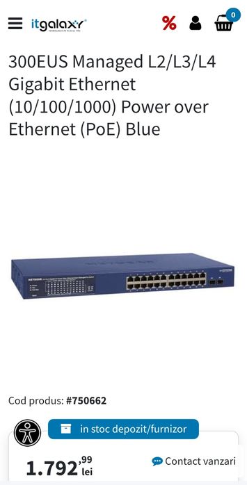 Switch cu management NetGear GS724TP-300EUS, 24 porturi, 10/100/1000 M