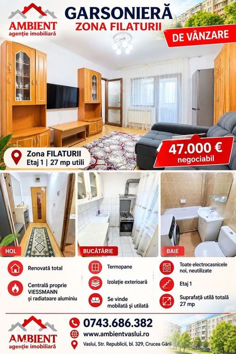 Apartament cu 1 cameră, etaj 1, mobilat și utilat, VASLUI - zona FILAT