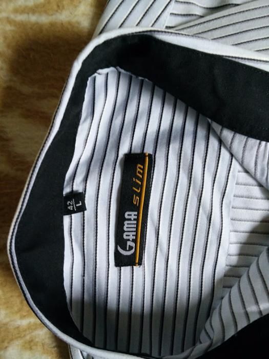 Camasa maneca scurta GAMA, SLIM, gri perle cu dungi gri si negre, NOU