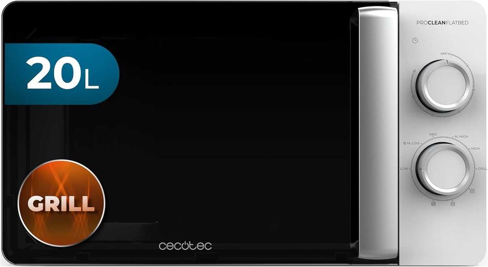 Микровълнова фурна Cecotec Proclean 3110 с плоска основа и грил 20 л Капацитет, 700 W, 6 регулируеми нива, грил 800 W