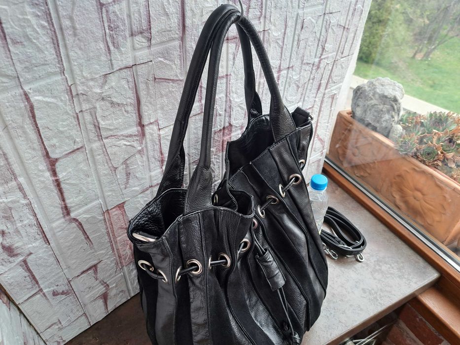 дамска чанта,черна голяма кожена торба-естествена кожа и велур