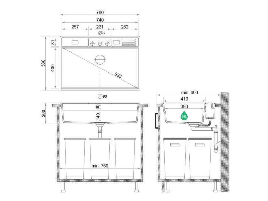 Бяла кухненска гранитна мивка Ню Йорк 80 Multispace 780 x 530 мм
-22%