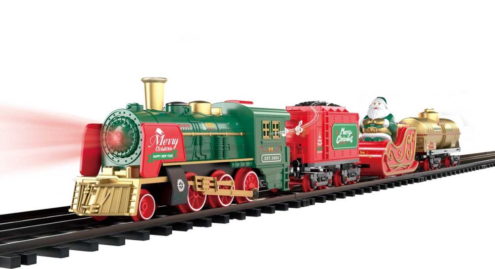 Коледно влакче на релси със светлина и пара