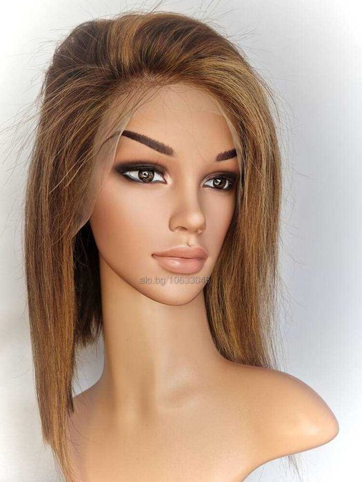 Естествена медено руса перука със светли кичури и дантела 13х4