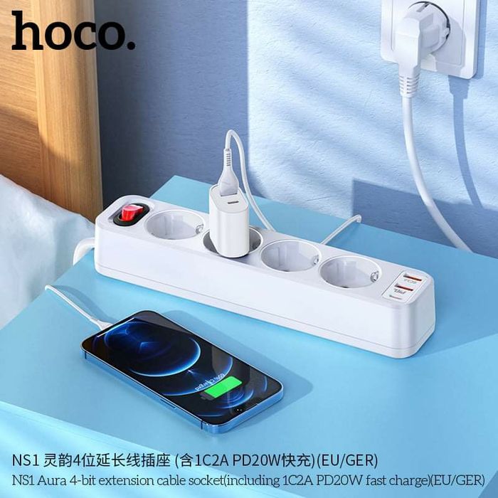 Hoco NS1 Сетевой фильтр PD 20W+QC 3.0 Type-C / USB Output 2+18W