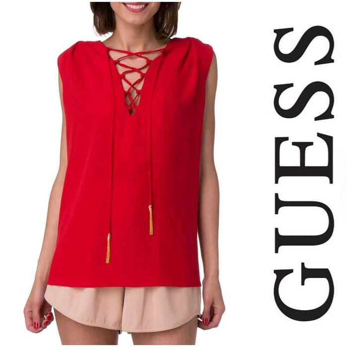 3 топа Червен, Телесен и Бял с черна дантела Потник топ GUESS - L /  М