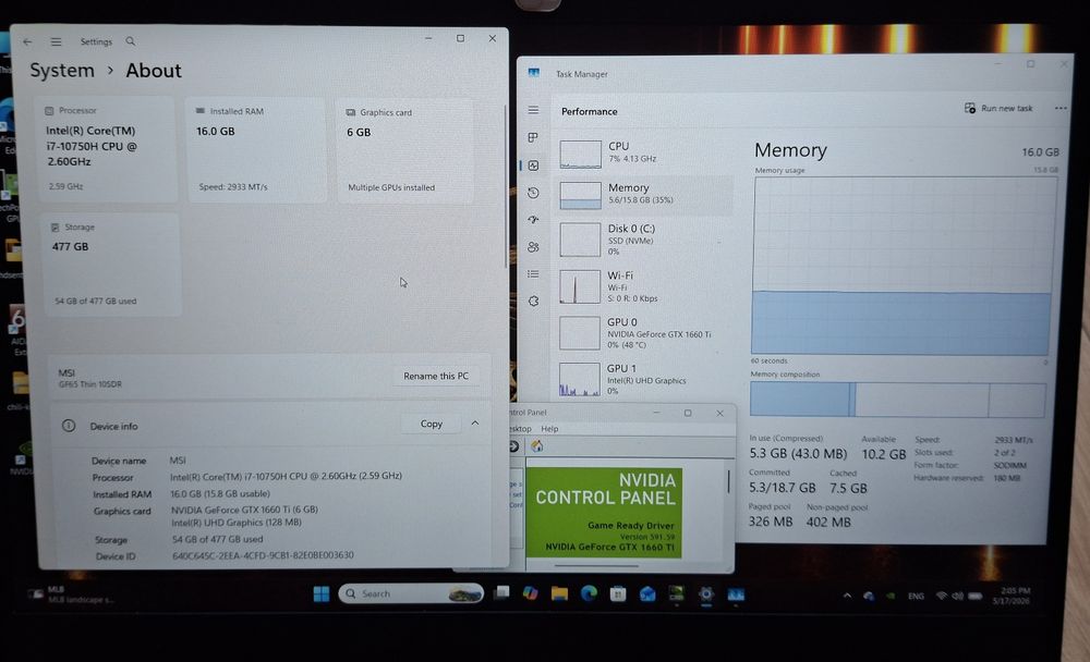 15.6' IPS 144hz MSI GF65 Core i7-10750H/GTX 1660Ti 6GB/16GB/512GB SSD